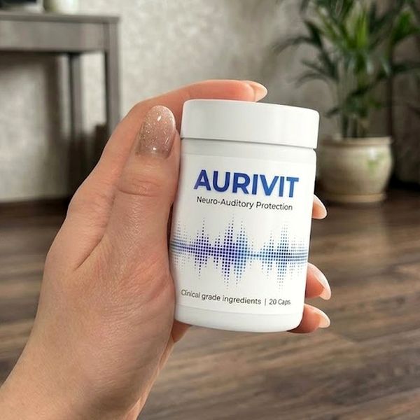 Fehér Aurivit flakon 20 kapszulával, kézben tartva